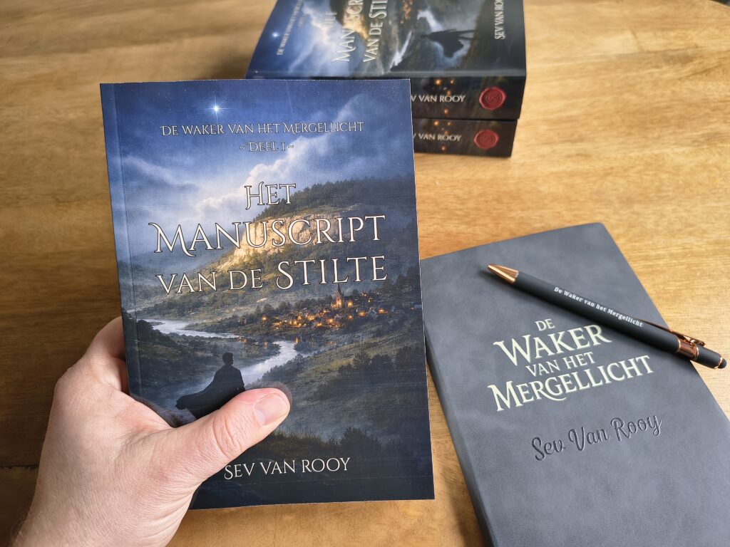 Auteur houdt proefleesversie van Het Manuscript van de Stilte vast bij raamlicht