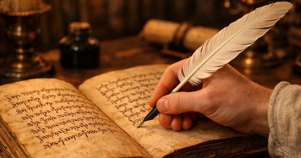 Afbeelding van een fantasyroman schrijver die een boek schrijft
