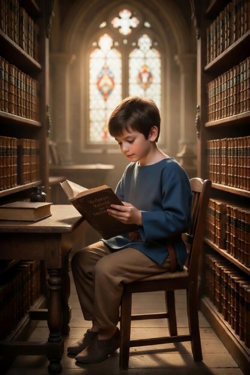 Ermin leest een oud boek in het fantasy boek Het Manuscript van de Stilte