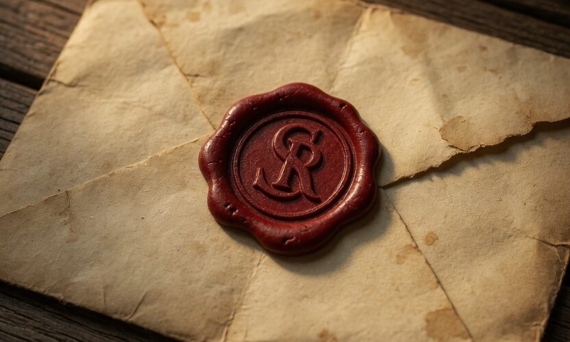 Middeleeuwse envelop met de wasstempel van Sev van Rooy
